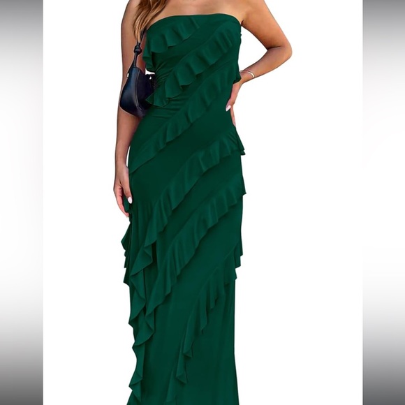 Elegant Green Ruffle Strapless Dress - Picture 5 of 5